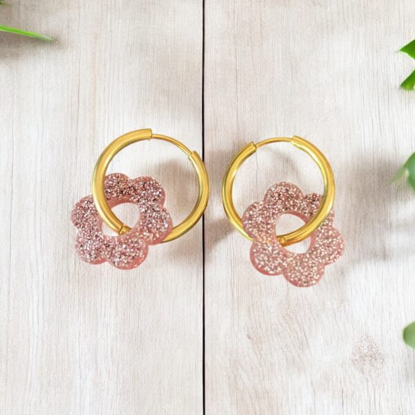 Créoles Flowers 18mm rose pailleté