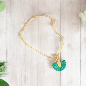 Collier acier inoxydable doré éventail vert marbré